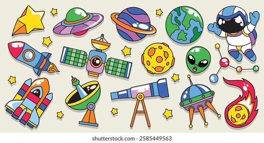 Set of hand drawn space and astronaut element vector collection