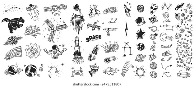 Set of Hand drawn space doodles. Childish space line vector elements. Rockets, aliens, ufo, stars, planets, constellations, comets, asteroids, astronaut. Cartoon Outer space sketch designs. 