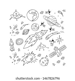 Set of hand drawn space elements. Doodle objects on white background. Vector illustration.