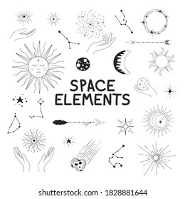 Set of hand drawn space elements. Sun with face, falling star, comet, planet, zodiac sign, hands, crescent, half moon, starburst, arrows. Constellations, boho design doodle.