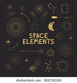 Set of hand drawn space elements. Golden sun with face, falling star, comet, planet, zodiac sign, hands, crescent, half moon, starburst, arrows. Gold constellations, boho design doodle.