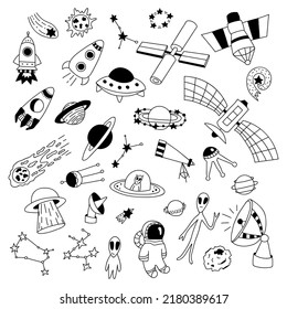 Set of hand drawn space elements. Doodle vector illustration. Isolated on a white background. Alien, stars, rocket, planets