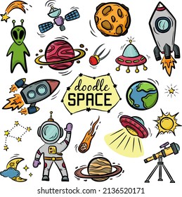 Set of hand drawn space objects on white background. Doodle set of planets, rockets, aliens, etc. Colorful vector illustration