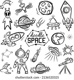 Set of hand drawn space objects on white background. Doodle set of planets, rockets, aliens, etc. Vector illustration