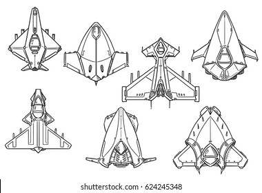 Set of hand drawn spacecraft spaceship designs, concept art in black and white 