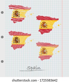 Set of hand drawn Spain map with the flag.