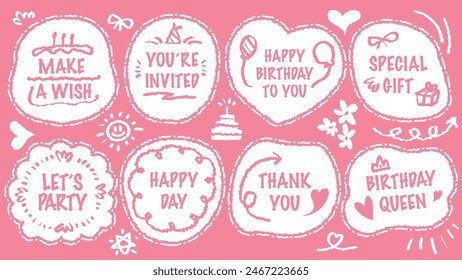 Set of hand drawn speech bubble with Girl Happy Birthday inscription. Cute memo party sticker. Draw with crayon quote frame. Comic doodle style birthday label. Romantic blank for text. Balloon, Cake