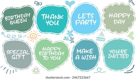 Set of hand drawn speech bubble with Boy Happy Birthday inscription. Cute memo party sticker. Draw with crayon quote frame. Comic doodle style birthday label. Romantic blank for text. Balloon, Cake