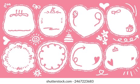 Set of hand drawn speech bubble with Girl Happy Birthday inscription. Cute memo party sticker. Draw with crayon quote frame. Comic doodle style birthday label. Romantic blank for text. Balloon, Cake