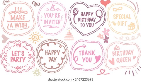 Set of hand drawn speech bubble with Girl Happy Birthday inscription. Cute memo party sticker. Draw with crayon quote frame. Comic doodle style birthday label. Romantic blank for text. Balloon, Cake