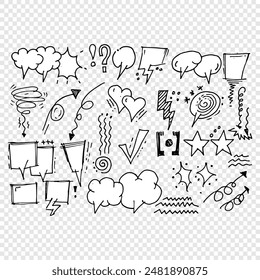 Set of hand drawn, speech bubble, emphasis, punctuation marks, underline, arrow, highlight text, doodle check mark, pencil stroke, swoop line icon, vector