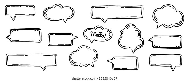 Set of hand drawn speech bubble in doodle style. Speech balloon, chat bubble, massage box with line art vector icon.