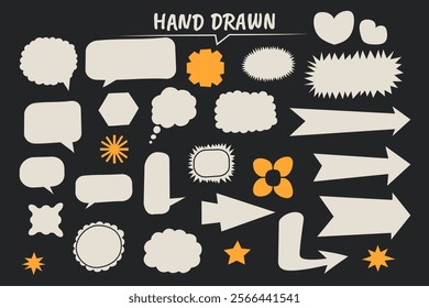 Set of hand drawn speech bubble, comic sticker, chat box and empty social media message balloon silhouette or communication network symbol in doodle cartoon. All in group and separate layer. Vector.