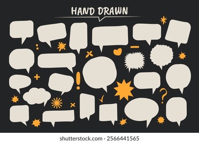 Set of hand drawn speech bubble, comic sticker, chat box and empty social media message balloon silhouette or communication network symbol in doodle cartoon. All in group and separate layer. Vector.