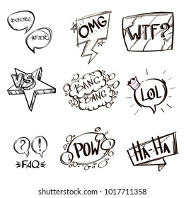 Set of hand drawn speech bubbles with inscriptions. Vector illustration isolated on white background.
