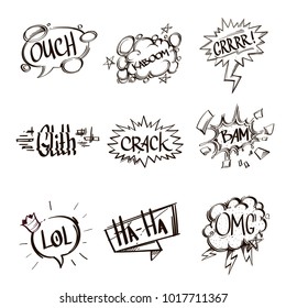 Set of hand drawn speech bubbles with inscriptions. Vector illustration isolated on white background.