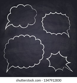 Set of hand drawn speech bubbles. Chalk drawn chat box. Chalkboard background. Vector Illustration.