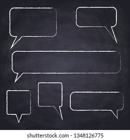 Set of hand drawn speech bubbles. Chalk drawn square and rectangle chat box with rounded corners. Chalkboard background. Vector Illustration. 