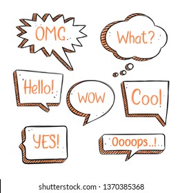 Set of hand drawn speech bubbles in doodle style with short phrases. Talk clouds, balloon shapes collection in sketchy style for your blog, social network posts, advertisement, citation design.