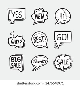 Set of hand drawn speech bubbles, clouds and balloons with some text. Social web internet icons, symbols, logos, banners. Vector illustration