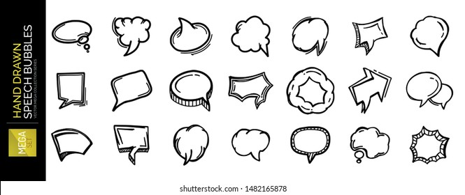 Set of hand drawn speech bubbles. Cartoon comic sketch balloons, clouds for communication drawing