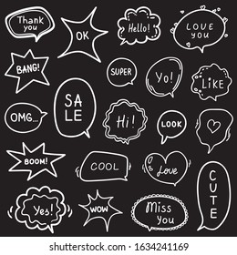 Set of hand drawn speech bubbles with different words. Abstract outlined speech bubble. Black and white illustration