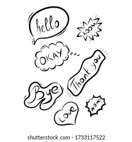 Juego de burbujas de habla dibujadas a mano con inscripciones. Ilustración del vector aislada en fondo blanco