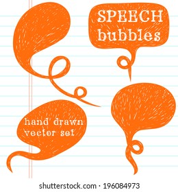Set of hand drawn speech bubbles on lined notebook paper background. Doodle cartoon comic bubbles.