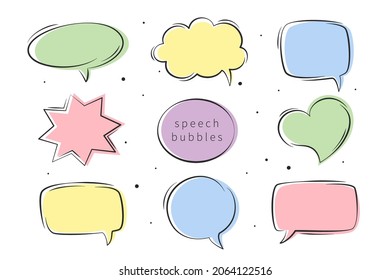 Set hand drawn speech bubbles different shapes for text, chat, message element. Vector illustration