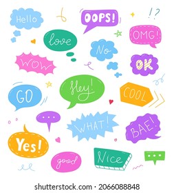 Set of hand drawn speech bubbles with text: Hello, Love, Ok, Wow, No, Oops. Vector illustration.