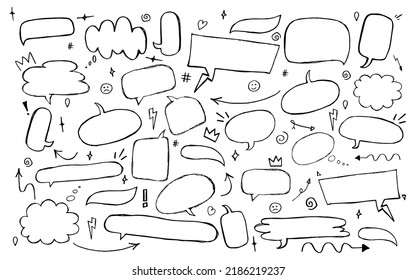 Set of hand drawn speech bubbles with arrows and pointers. Vector illustration.