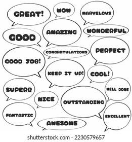 set hand drawn speech bubbles, clouds, text outline of great, wow, marvelous, good, amazing, wonderful, good job, congratulations, perfect, superb, nice, keep it up, cool. vector design illustration