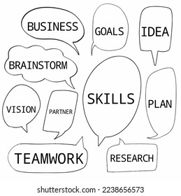 set hand drawn speech bubbles of BUSINESS, BRAINSTORM, GOALS, IDEA, SKILLS, VISION, PARTNER, TEAMWORK, RESEARCH, PLAN. business finance. vector design illustration