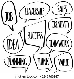set hand drawn speech bubbles of JOB, LEADERSHIP, IDEA, PLANNING, SUCCESS, THINK, SALES, CREATIVITY, TEAMWORK, VALUE. vector design illustration