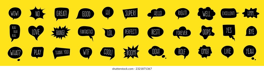 Set of hand drawn speech bubbles different shapes with various short phrases for emotional comments or communication talks. Collection cute doodle talk words. Vector elements.