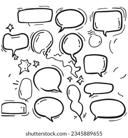 Juego de burbujas de voz dibujadas a mano en estilo doodle. Ilustración vectorial.