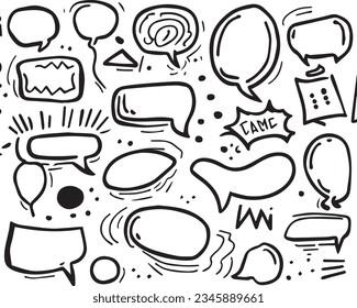 Set of hand drawn speech bubbles in doodle style. Vector illustration.