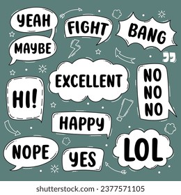 Set of hand drawn speech bubbles in doodle style. Vector illustration