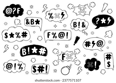 Set of hand drawn speech bubbles with swear word in doodle style. Curse, rude, swear word for angry, bad, negative expression. Vector illustration