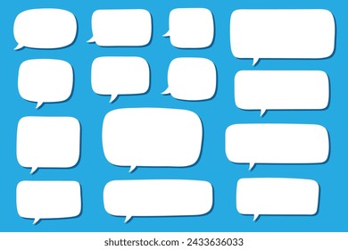 Set of hand drawn speech bubbles in rectangular shape. Speak bubble for text, cartoon chatting box, message box. Blank empty white speech bubbles.