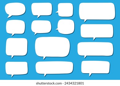 Set of hand drawn speech bubbles in rectangular shape. Speak bubble for text, cartoon chatting box, message box. Blank empty white speech bubbles.