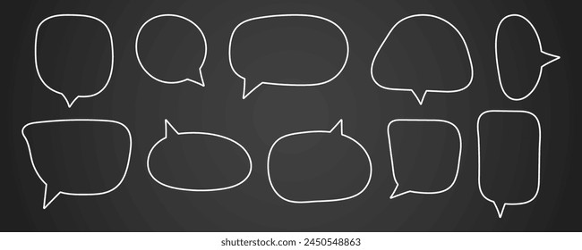 Set of hand drawn speech bubbles, chatting box for text, message box stroke, empty talk bubble, vector illustration, white outline, isolated background. Flat doodle style of thinking sign symbol.