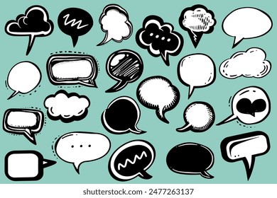 Set of hand drawn speech bubbles. Trendy comic doodles. Speech balloon, chat bubble. Freehand drawing