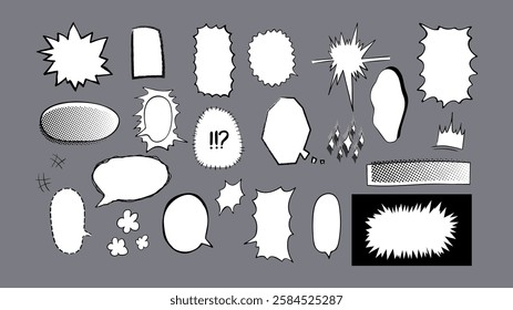 Set of hand drawn speech bubbles and design elements in manga style. Vector text boxes of various shapes