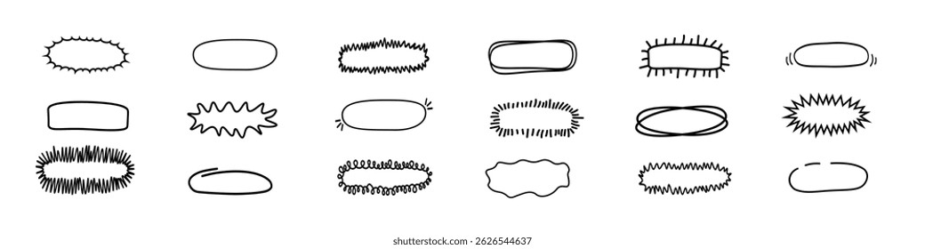 Set of hand drawn speech bubbles and frames.
Text highlights. Underline for quotes.
Comic book outline design.