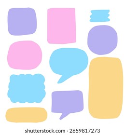 Set of hand drawn speech bubbles, shapes.Set of elements.Collection of banner or template.Pastel color stickers for decorating.Sign, symbol, icon or logo isolated.Flat design.Vector illustration.