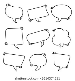 Set of hand drawn speech or chat bubbles line art design on white background. Vector illustration