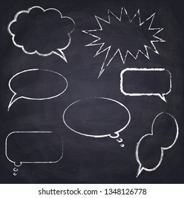 Set of hand drawn speech and thinking bubbles. Different emotional chat boxes. Chalk drawn talk balloons. Chalkboard background. Vector Illustration. 