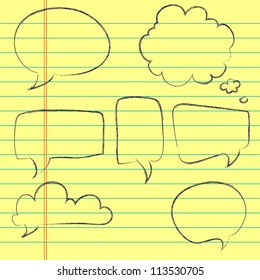 Set of hand drawn speech and thought bubbles on lined notebook paper background. Vector illustration.