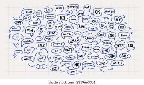 Set of hand drawn speech and thought bubbles. Doodle design with short messages.